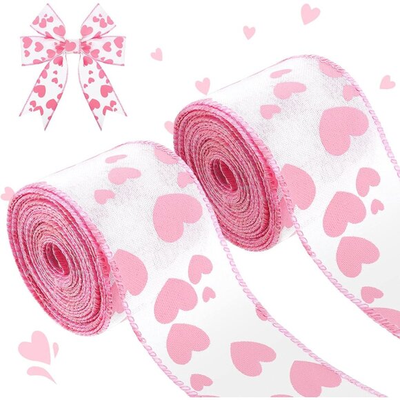 Other - Valentine's Day Burlap Wired Ribbon 2 Rolls 12 Yards Heart Printed Love Edge Rib